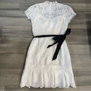 White House Black Market White Lace Midi Dress with Black Sash